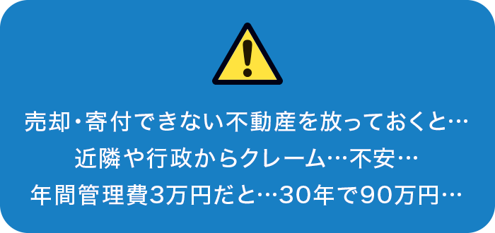 売却・寄付できない不動産を放っておくと…近隣や行政からクレーム…不安…年間管理費3万円だと…30年で90万円…